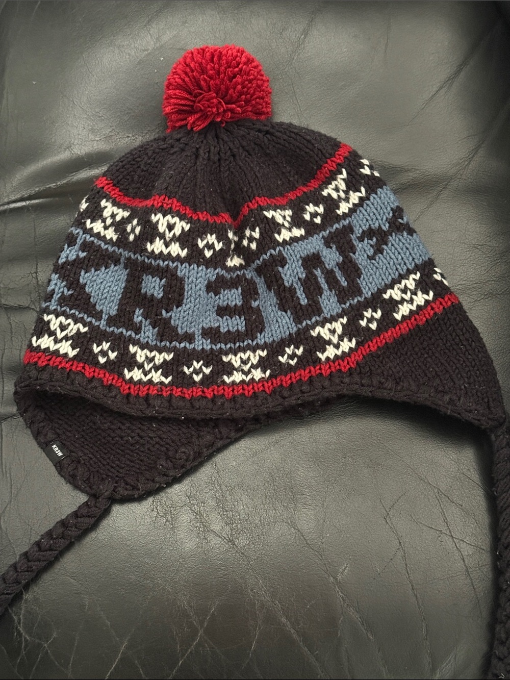 Parachute Black Knit Earflap Hat with Red Pom and Blue Pattern Vintage Hockey
